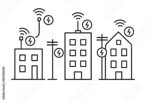 Urban buildings connected to wireless network and electrical power grid icons