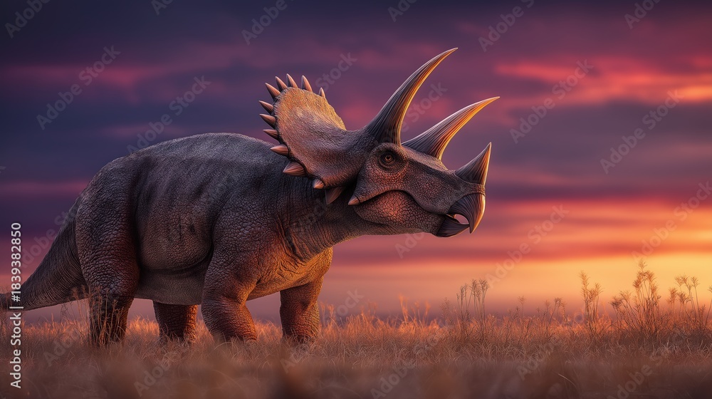 Fototapeta premium Triceratops horridus grazing at sunset in field