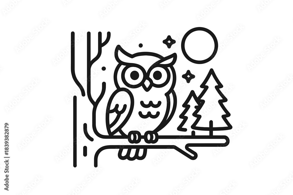 Fototapeta premium Minimalist owl perched on tree branch under night sky with moon