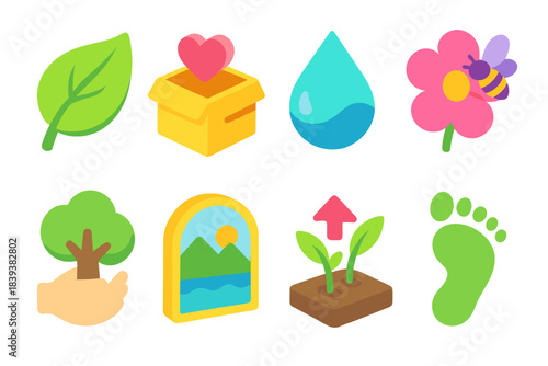 Eco-Friendly Icons. Nature Care Elements isometric flat set: eco leaf, safe habitat box, fresh water sign, pollinator bloom, tree guardian symbol, protected landscape, soil renewal