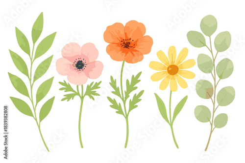 Delicate watercolor style spring flowers and assorted greenery elements