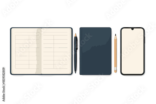 Overhead view of open planner closed diary smartphone and writing tools