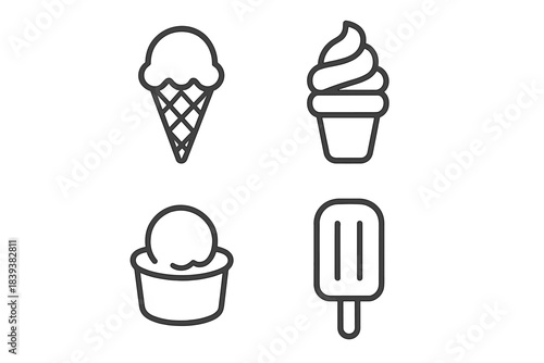 Four outline icons of various frozen desserts and sweet treats
