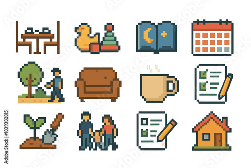 Family Life Icons. Family Life Icons pixel style set: dinner table, playtime toys, bedtime book, family calendar, weekend outing symbol, cozy sofa, morning routine cup, chore chart