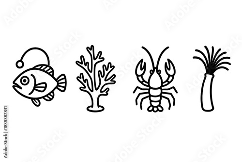 Deep-Sea Icons. Deep-Sea Biodiversity Realms linear set: bioluminescent drift fish, abyssal coral sprig, vent-dwelling crustacean.