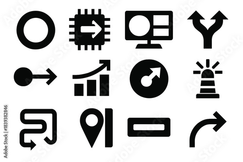 Context-Aware System Icons. Context-Aware Decision Systems silhouette set: environment state ring, adaptive logic chip, real-time cue panel, shifting scenario fork, data-driven