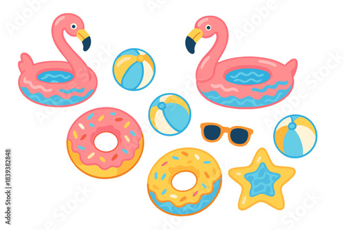 Colorful assortment of inflatable pool floats and summer beach accessories