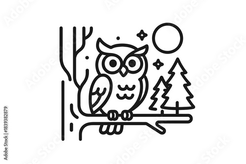 Minimalist owl perched on tree branch under night sky with moon