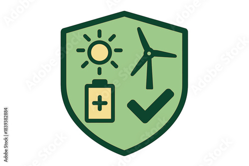 Renewable energy shield icon with sun battery and wind turbine symbols