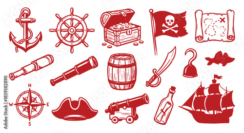 Pirate. Adventure. Icon Set. A red hand drawn vector collection of classic pirate icons for a children's party, a treasure map, a t-shirt design, or a fun and creative project asset.