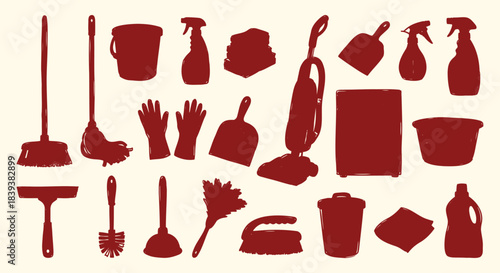 Cleaning. Household. A red vector silhouette icon set of various cleaning supplies and tools for a cleaning service's branding, a household blog, or a chore chart graphic design.