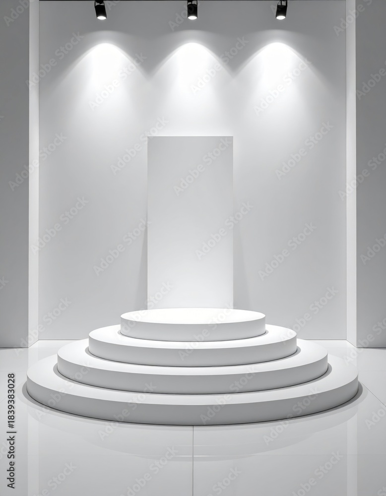 Obraz premium Minimalist White Stage With Circular Steps Spotlight Lighting Indoor Studio