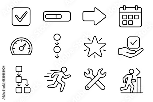 Productivity Icons Collection. Action Implementation linear set: task checkmark, progress bar, sprint arrow, scheduled block, productivity gauge, sequence steps, quick-win star,