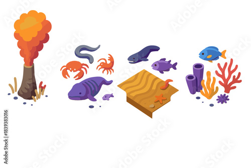 Ocean Trench Icons. Ocean Trench Ecology flat isometric set: hydrothermal vent plume, scavenger species arc, sediment-flow tile.