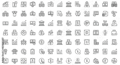 Banking and finance vector line icons set money, payment, investment, currency, credit, transaction, and financial services isolated on