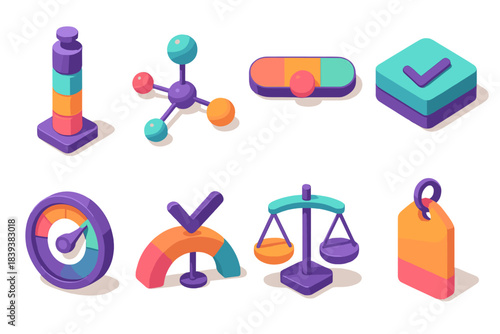 Colorful Decision Icons. Weighted decision frameworks flat isometric set: stake meter bar, interest group node, priority band, evaluation tile, influence dial, choice arc, balance