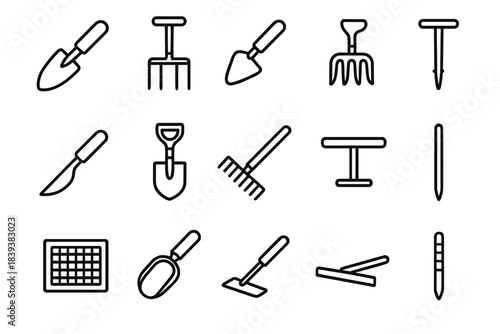 Earth Prep Tools Icons. Earth Prep Tools linear set: planting trowel, broad fork, chopping hoe, ground cultivator, soil spoon, trench spade, yard rake, aeration rod, sift frame,