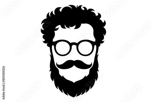Hipster man face silhouette with curly hair glasses and mustache