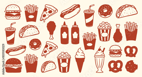 Fast Food. Icon Set. Red. A vector collection of classic American junk food icons with a grunge texture for a restaurant menu, a food truck's branding, or a retro diner poster design.