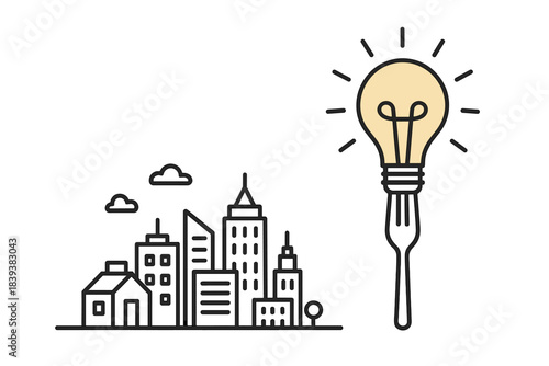 Urban skyline and glowing light bulb on fork concept