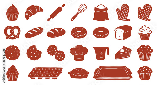 Bakery. Pastry. Icon Set. A red vector collection of baking icons with a grunge texture for a bakery's branding, a cafe menu, a cookbook, or a creative packaging design element asset.