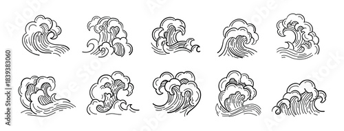 Wave Japanese. Ocean icon, pictogram Chinese sea linear style Vintage wash curls Tsunami marine pattern Japan. Asian abstract logo. Minimalistic abstract water design. Vector