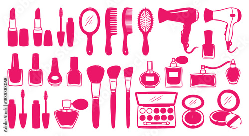 Makeup. Beauty. Cosmetics. A pink vector silhouette icon set of various makeup and beauty products for a salon's branding, a fashion blog, a cosmetic store, or a creative design.