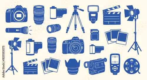 Photography. Equipment. A blue vector icon set of various camera and photography gear for a photo studio's branding, a technology blog, a manual, or a creative design project.