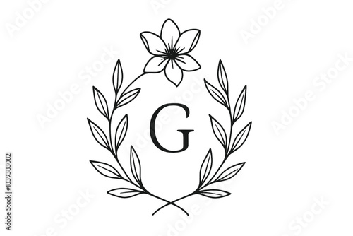 Capital letter G initial inside minimalist floral wreath frame