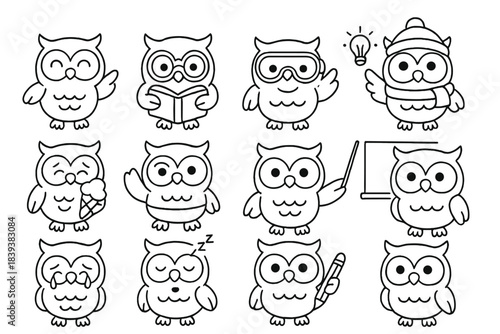 Collection of cute cartoon owl characters displaying various emotions and activities
