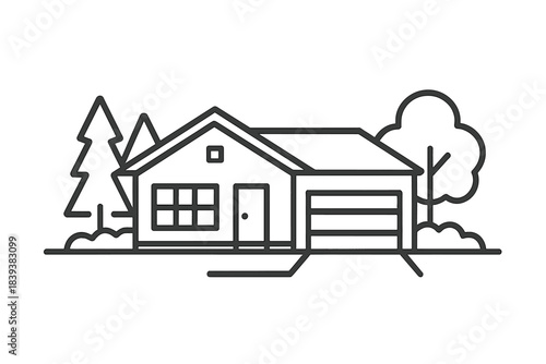 Outline of suburban single family home with attached garage and landscaping elements