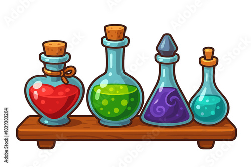 Colorful magic potions in glass bottles on a wooden shelf