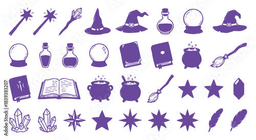 Witchcraft. Magic. Icon Set. A purple vector collection of various witch and wizard items like wands, potions, and spellbooks for a Halloween party, a fantasy game, or a mystical design.