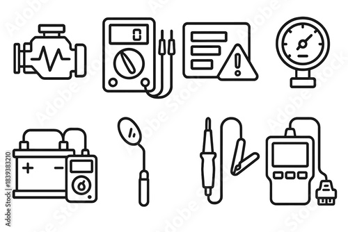 Diagnostic Tools Icons. Mechanic diagnostic equipment linear set: engine scan tile, multimeter node, error code bar, pressure gauge, battery checker, mirror tool, test light,