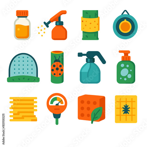 Organic Pest Control Icons. Organic Pest-Control Set flat set: horticultural oil vial, clay-dust sprayer, sticky band trap, pheromone bait disc, mesh netting arc, predatory insect