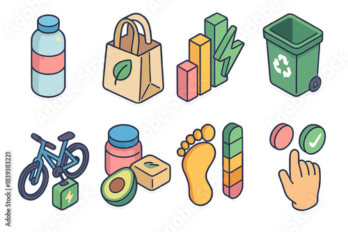 Sustainable Lifestyle Icons. Environmental lifestyle patterns flat isometric set: water bottle tile, sustainable bag node, energy usage bar, recycling bin strip, eco transport icon