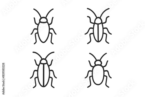 Four simple line icons depicting various cockroach shapes and views