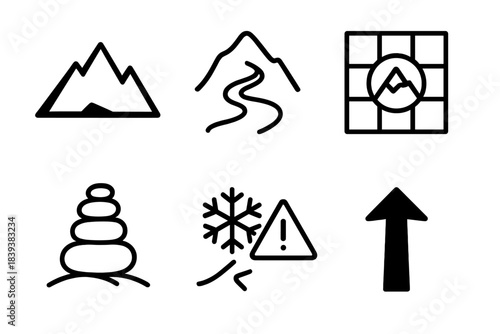 Mountain Navigation Icons. Mountain Navigation Essentials linear set: peak silhouette, glacier path, navigation grid, cairn marker, cold-weather signal, ascent arrow.