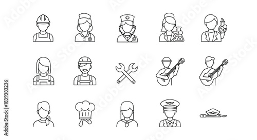 Set of linear icons of people of different professions isolated on a collection of vector illustrations of various occupations