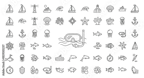 Collection of nautical icons isolated on set of linear vector illustrations of sea life, marine animals and sea transport