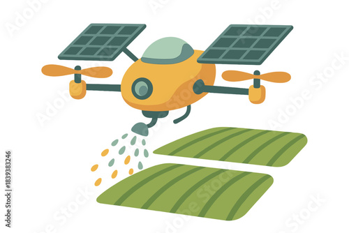 Solar powered agricultural drone spraying seeds or fertilizer over fields