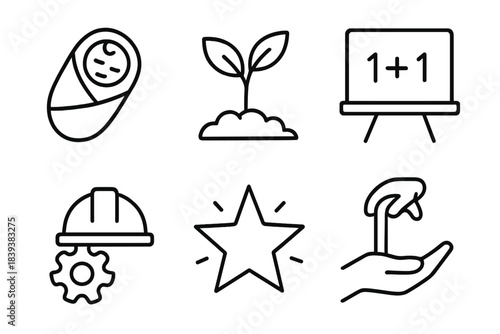 Life's Journey Icons. Stages of life themes linear set: infant blanket, growing plant, learning board, work gear, reflective star, elder support hand.