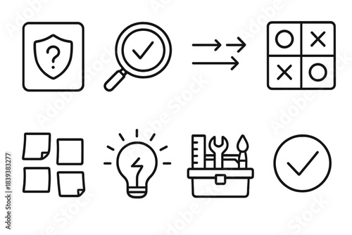 Strategic Problem-Solving Icons. Strategic Problem-Solving linear set: challenge card, analysis lens, process arrows, decision matrix, sticky notes cluster, idea spark, method