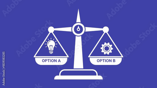 Scales weighing an idea against a gear, representing a critical decision between innovation and implementation