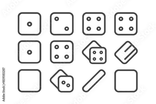 Outline icons set for standard six-sided dice faces and gaming elements