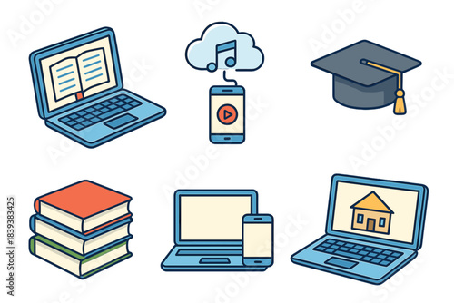 Isometric icons set for online education and digital learning concepts