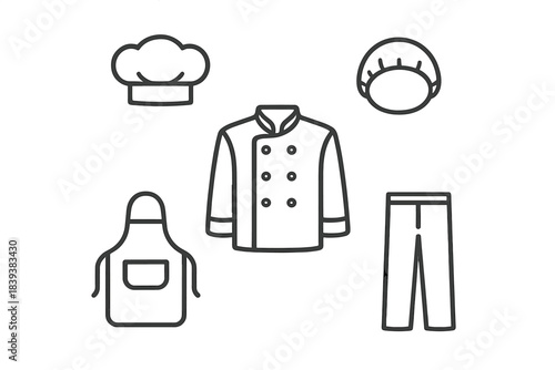 Outline icons set of professional chef uniform and essential kitchen apparel