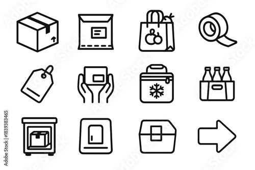 Parcel Collection Icons. Home Parcel Collection linear set: packed box, soft mailer, printed label, grocery delivery bag, tape reel, dispatch tag, handle-with-care sticker, thermal