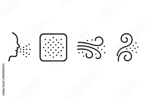 Aerosol Dynamics Icons. Aerosol Dynamics linear set: fine-droplet plume, dispersal pattern tile, airborne swirl strand.