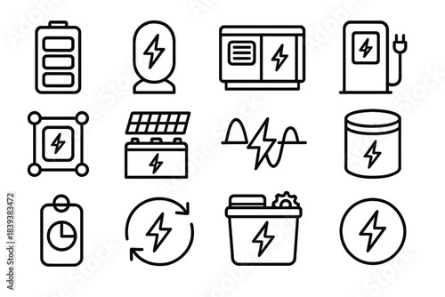 Energy Storage Icons. Clean Power Reserve Set linear set: battery module, energy pod, backup generator icon, charge hub, voltage regulator, solar battery rack, peak-shaving symbol,